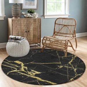 SWEET TANG Fashion Ultra Soft Non-Slip Round Area Rugs Indoor Throw Area Rug Circle Carpet for Living Room Bedroom Dining Room, Chic Black and Gold Marble Texture, 5 Feet