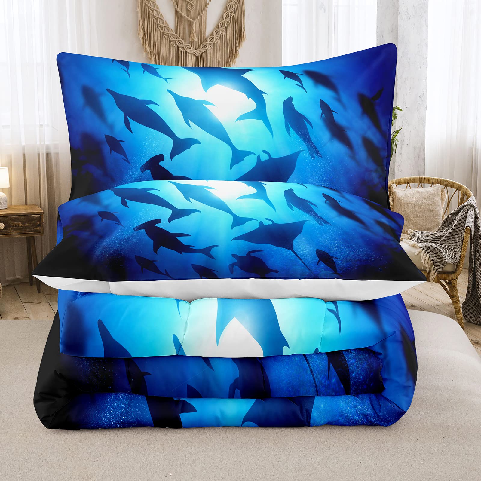 NINENINE Boys Blue Comforter Set Twin Size for Kids Teens,Shark Bedding Fish Ocean Dolphins Bed Sets with 1 Comforter 1 Pillowcase……