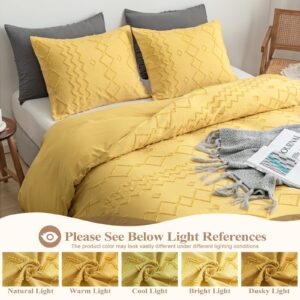 WARMDERN Boho Duvet Cover Set 3 Piece Yellow Queen Duvet Cover Set Washed Microfiber Tufted Bedding Set with Zipper Closure Wavy Stripes Duvet Cover and 2 Pillowcases(Queen,Yellow)