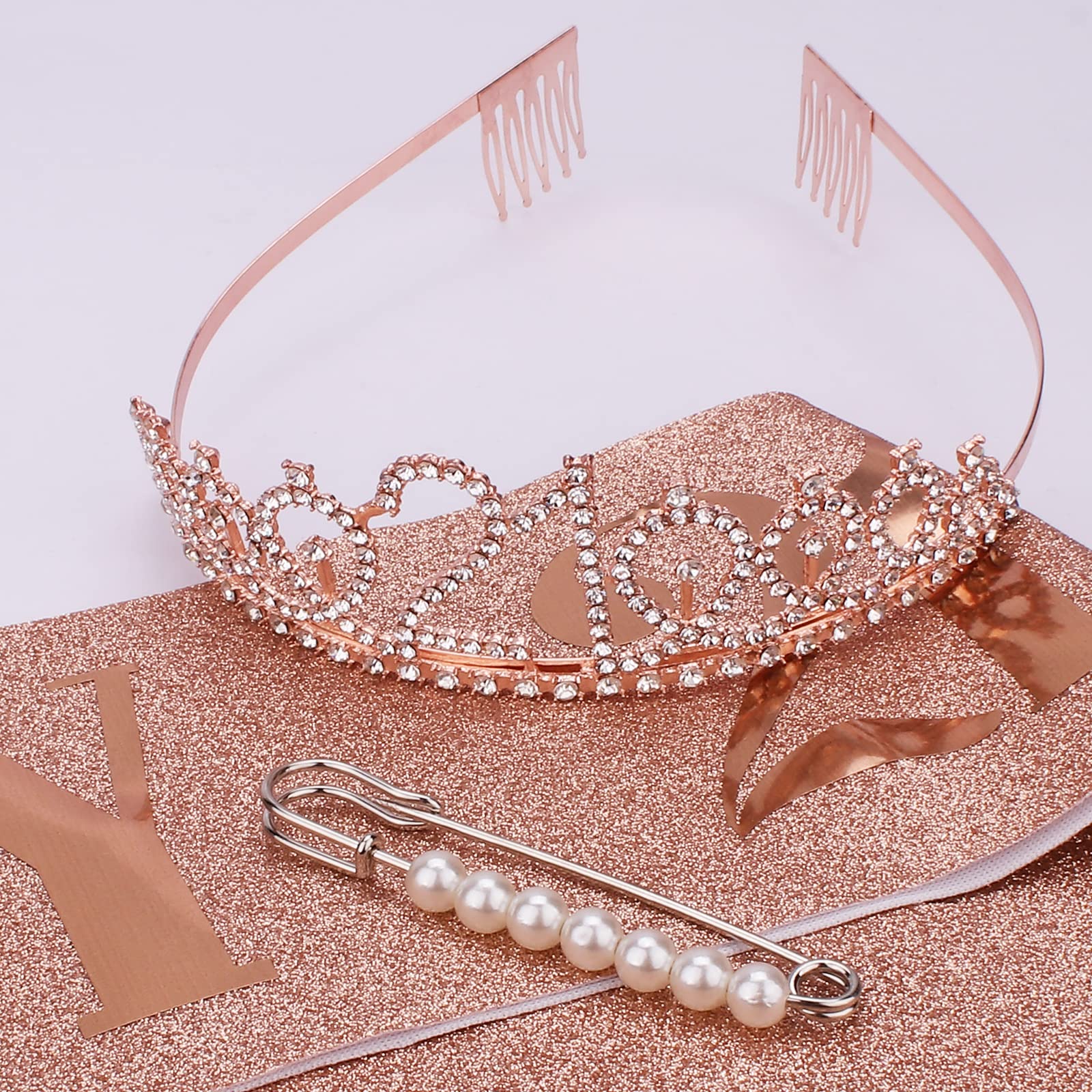 CAVETEE Rose Gold Finally 21 Birthday Sash and Crown for Women 21st Birthday Tiaras and Sash Set for Women Birthday Decorations Rose Gold Birthday Queen Crowns Tiaras for Women