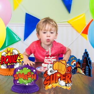 10 Pieces Hero Themed Party Decorations Honeycomb Centerpieces Action Sign Table Topper Sign Standing Cards for Birthday Party Baby Shower Decor Supplies