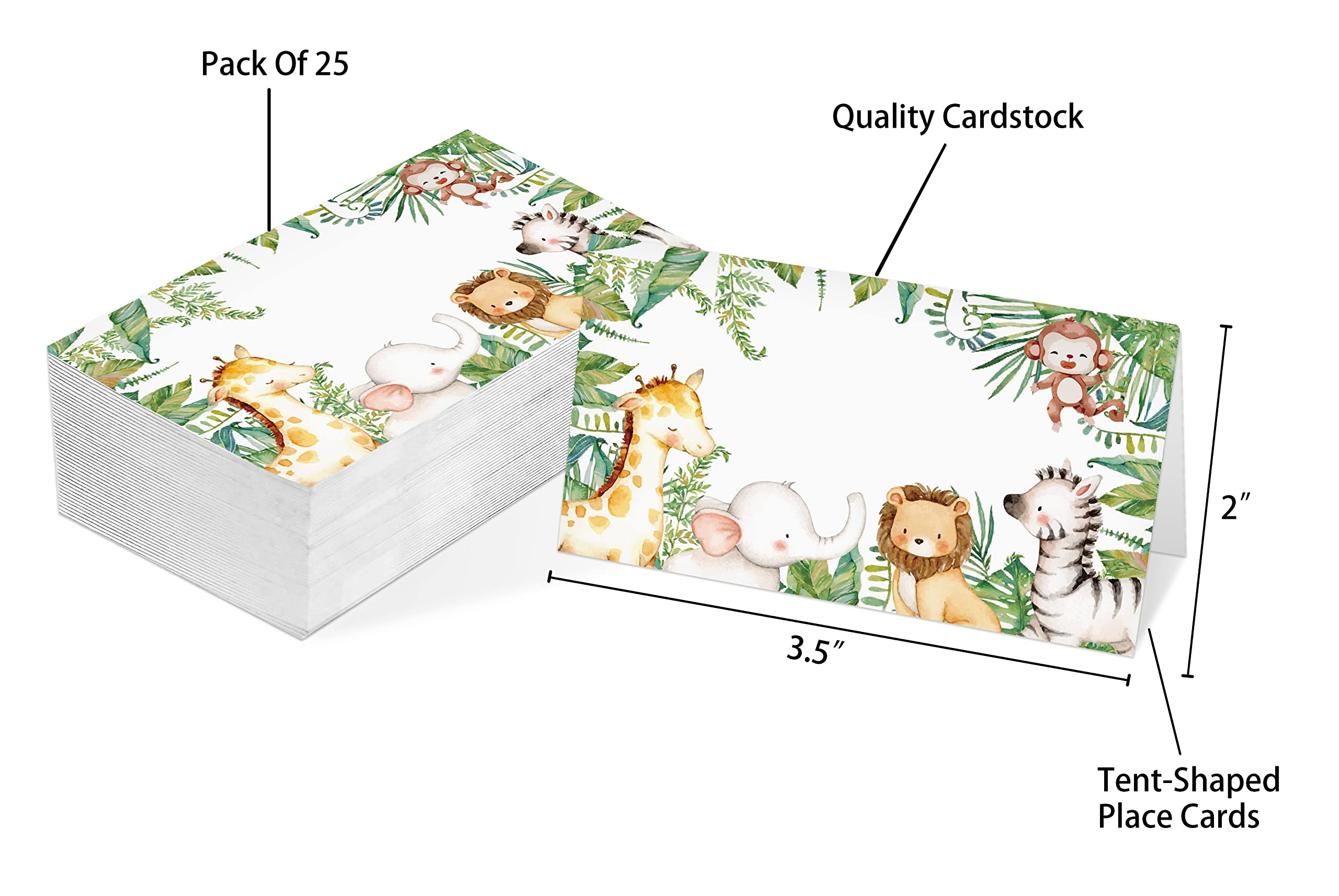 Table Place Card, Jungle Safari Animal Themed Tent Style Cards, Pack of 25 Half-Fold Reception Place Cards, Perfect for Baby Showers, Jungle Safari Birthday Party, Special Events A28