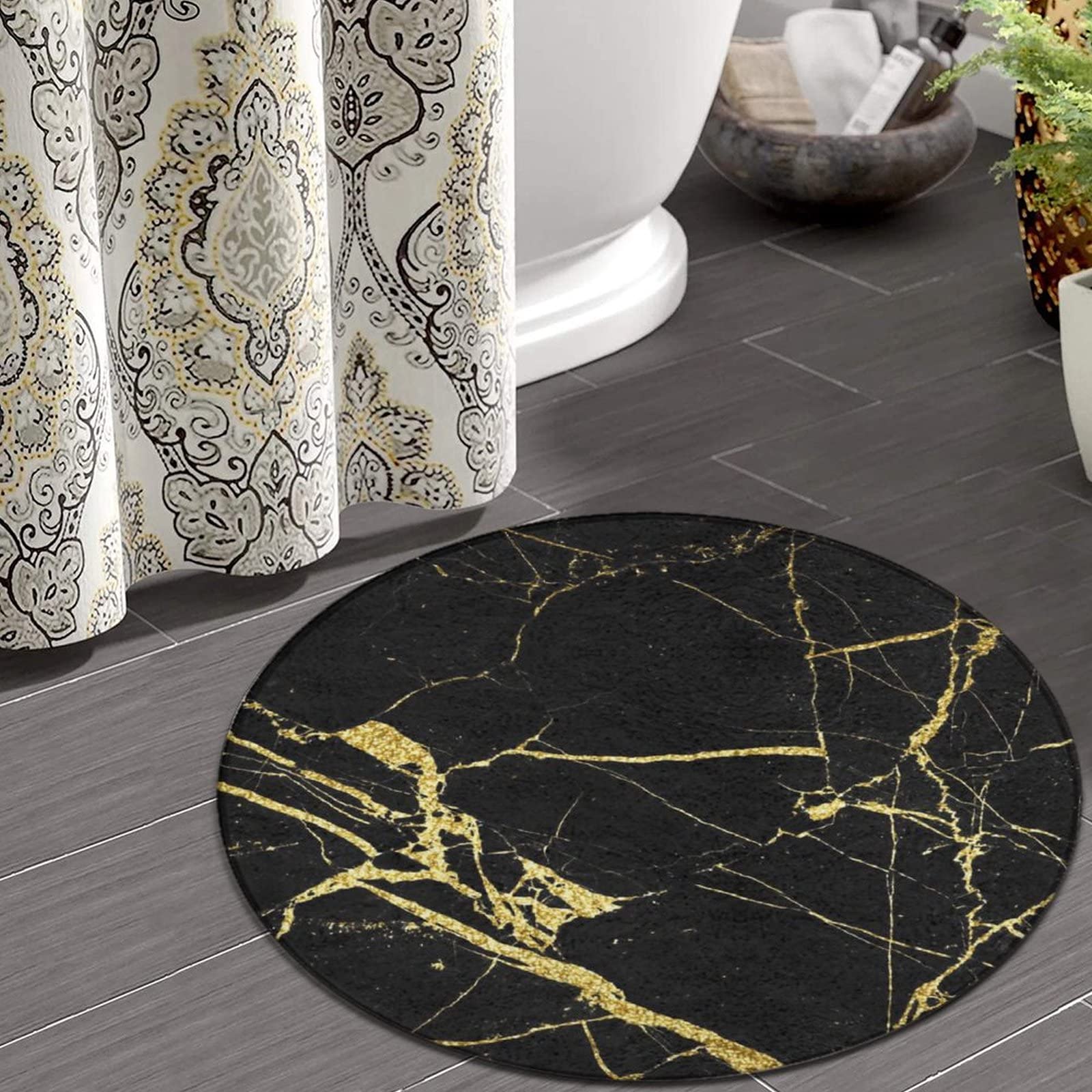 SWEET TANG Fashion Ultra Soft Non-Slip Round Area Rugs Indoor Throw Area Rug Circle Carpet for Living Room Bedroom Dining Room, Chic Black and Gold Marble Texture, 5 Feet