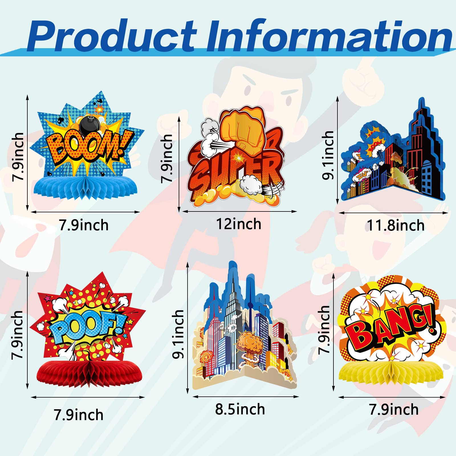 10 Pieces Hero Themed Party Decorations Honeycomb Centerpieces Action Sign Table Topper Sign Standing Cards for Birthday Party Baby Shower Decor Supplies