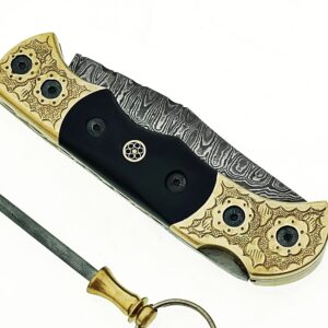 Damascus Steel Blade Folding Pocket Hunting Lock Knife With Real Leather Sheath For Camping Fishing Outdoor. SM106