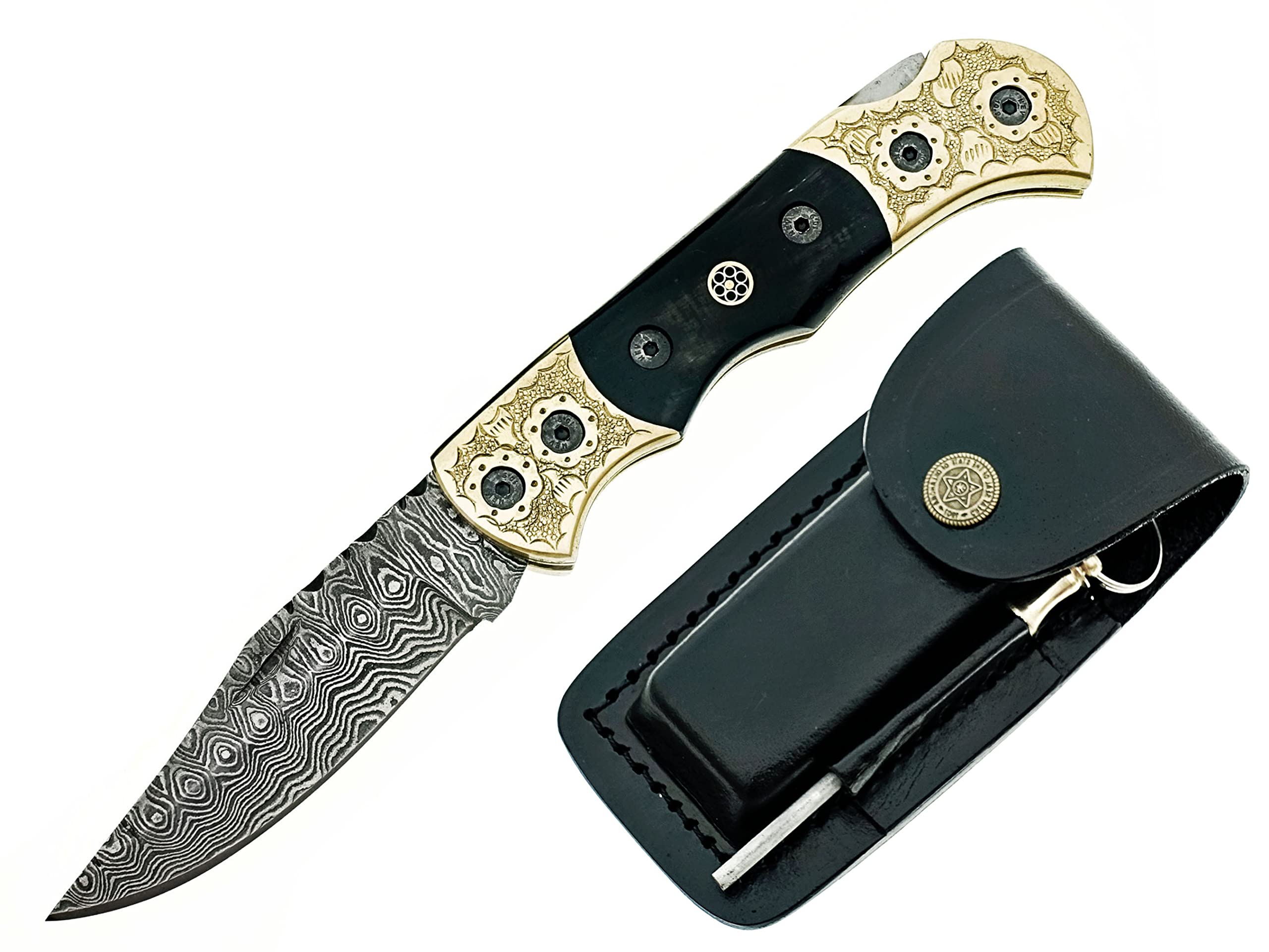 Damascus Steel Blade Folding Pocket Hunting Lock Knife With Real Leather Sheath For Camping Fishing Outdoor. SM106