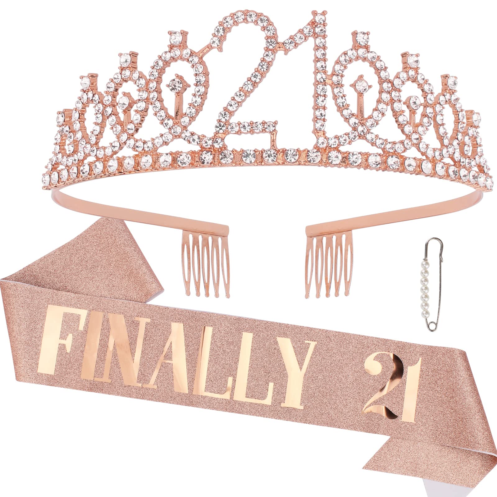 CAVETEE Rose Gold Finally 21 Birthday Sash and Crown for Women 21st Birthday Tiaras and Sash Set for Women Birthday Decorations Rose Gold Birthday Queen Crowns Tiaras for Women