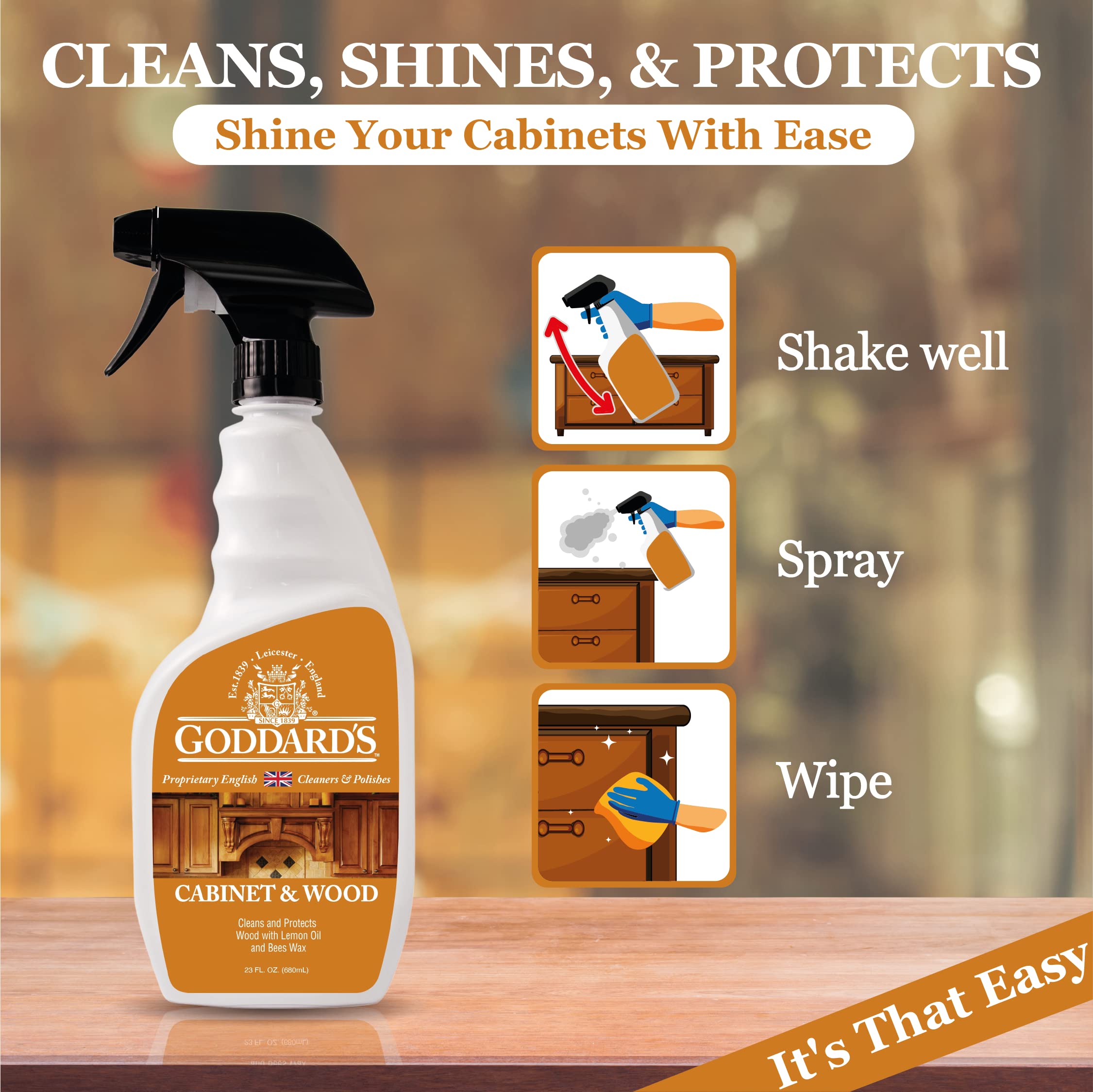 Goddard's Cabinet Makers Wax Cleaning Spray – Wood Cleaner & Furniture Polish to Shine & Protect – Wood Cleaner Spray w/Bee Wax & Lemon Oil for Furniture – Non-Abrasive Wood Polish (23 oz)