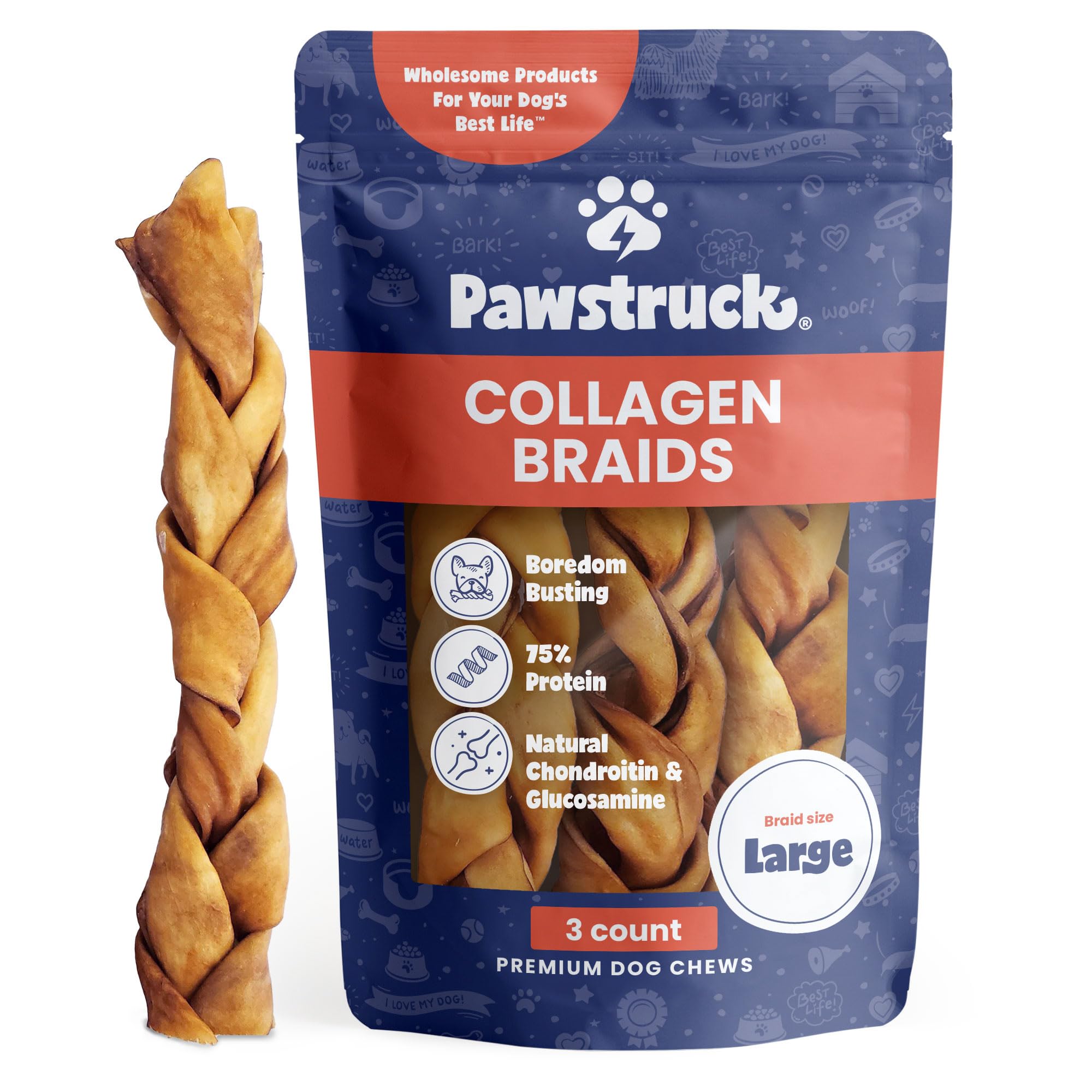 Pawstruck Natural Large 10-13” Beef Collagen Braids for Dogs - Healthy Long Lasting Alternative to Traditional Rawhide & Bully Sticks w/Chondroitin & Glucosamine - 3 Count - Packaging May Vary