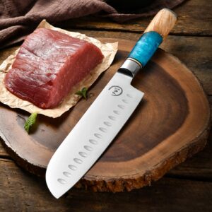 Fukep Santoku Knife Kitchen Knife Ultra Sharp Santoku Knife 7 Inch - High Carbon Stainless Steel - Ergonomic Resin Handle, Best Choice for Home Kitchen Chef Knife, Blue