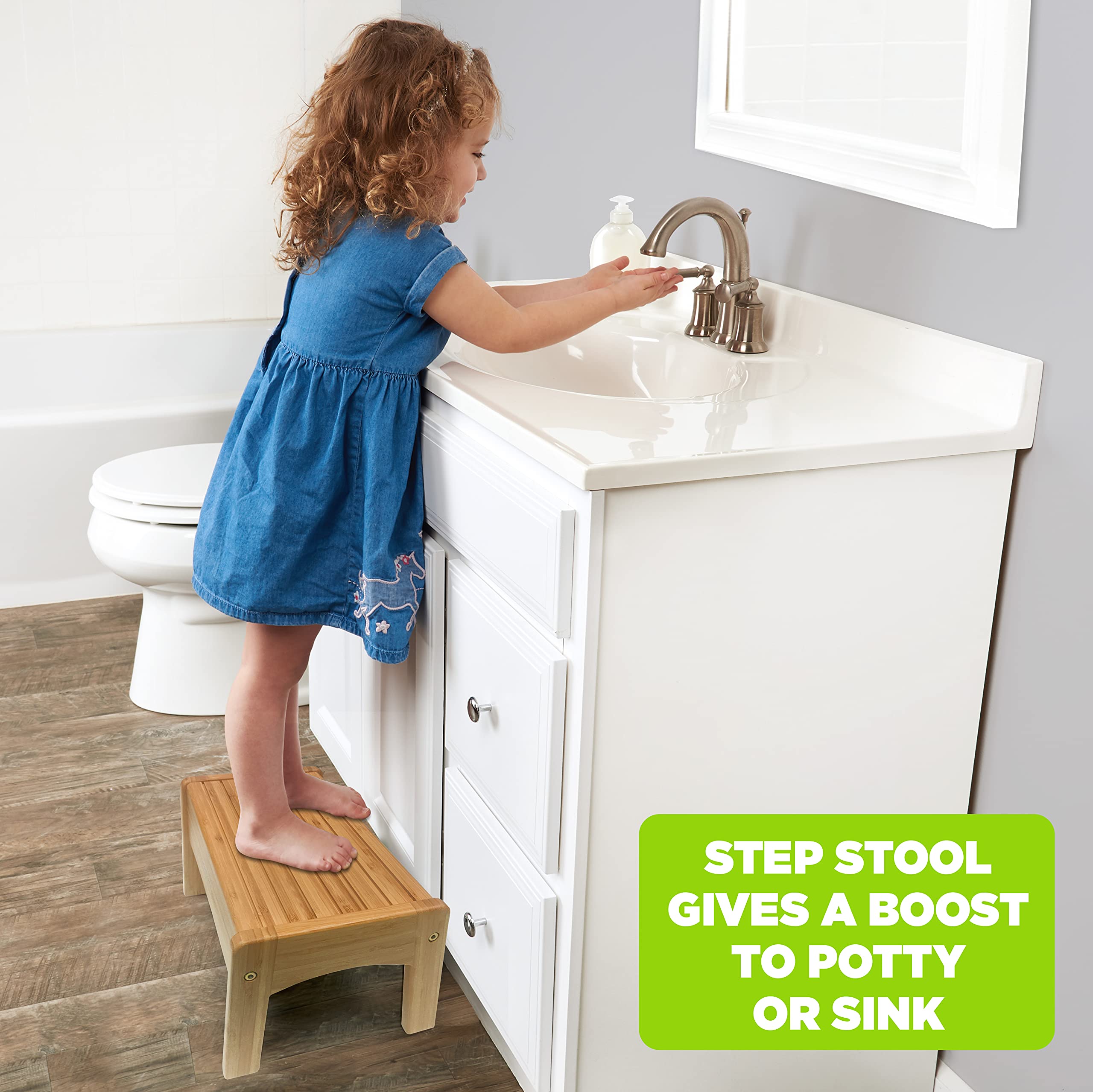 Growing Up Green Bamboo Bathroom Step Stool for Kids Using The Toilet and Sink - Kids Step Stool, Potty Training, Non-Slip, Bathroom, Kitchen, Lightweight