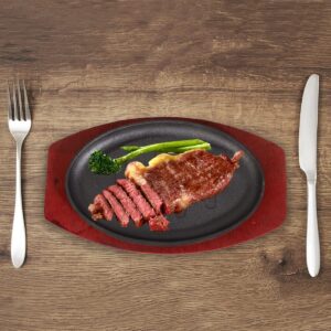 Yardwe Cast Iron Steak Pan, Round Sizzling Plate Fajita Skillet Steak Plate with Wooden Base for Kitchen Restaurant