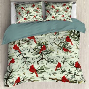 darani christmas cardinals birds duvet cover queen 90 x 90 in ultra soft washed microfiber comforter cover sets 3 pieces (1 duvet cover + 2 pillow shams)