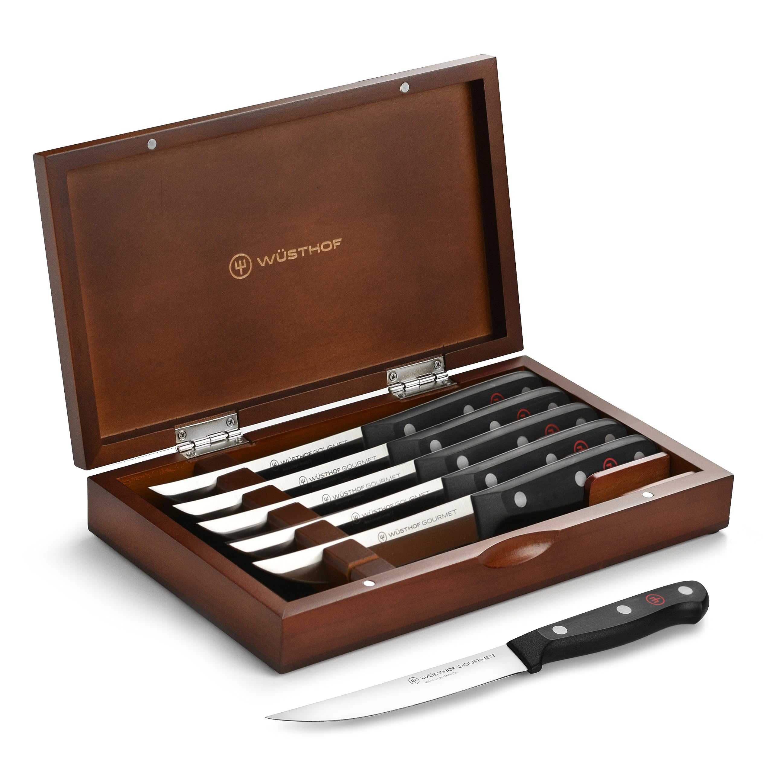 Wusthof Gourmet 6 Piece Steak Knife Set with Wood Case (Black Handles)