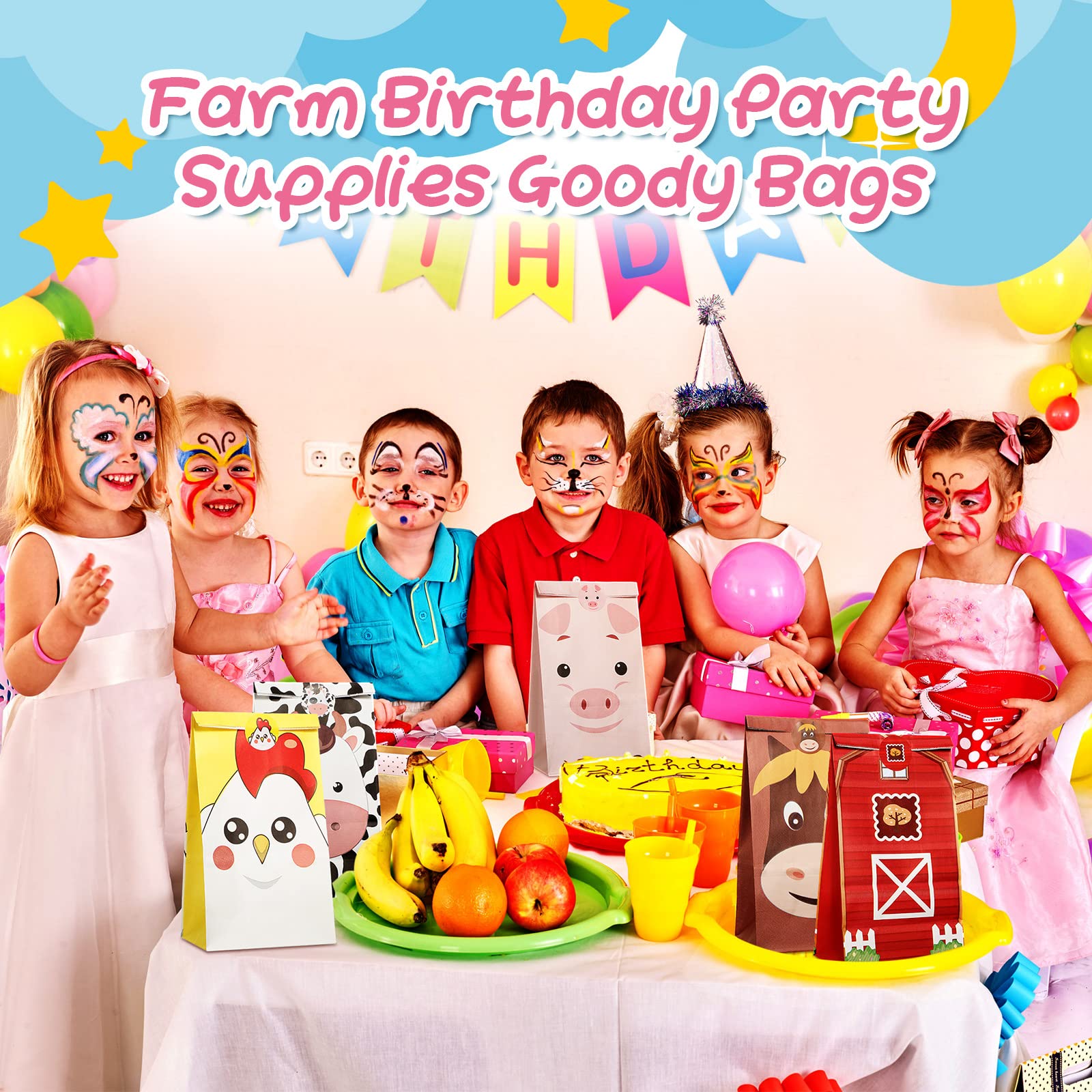 Dianelhall 30 Pack Goodie Bags for Birthday Party Supplies Animal Party Favor Bags Treat Bags Candy Barnyard Gift Bags for Animal Theme Birthday Party, 6 Designs(Farm)