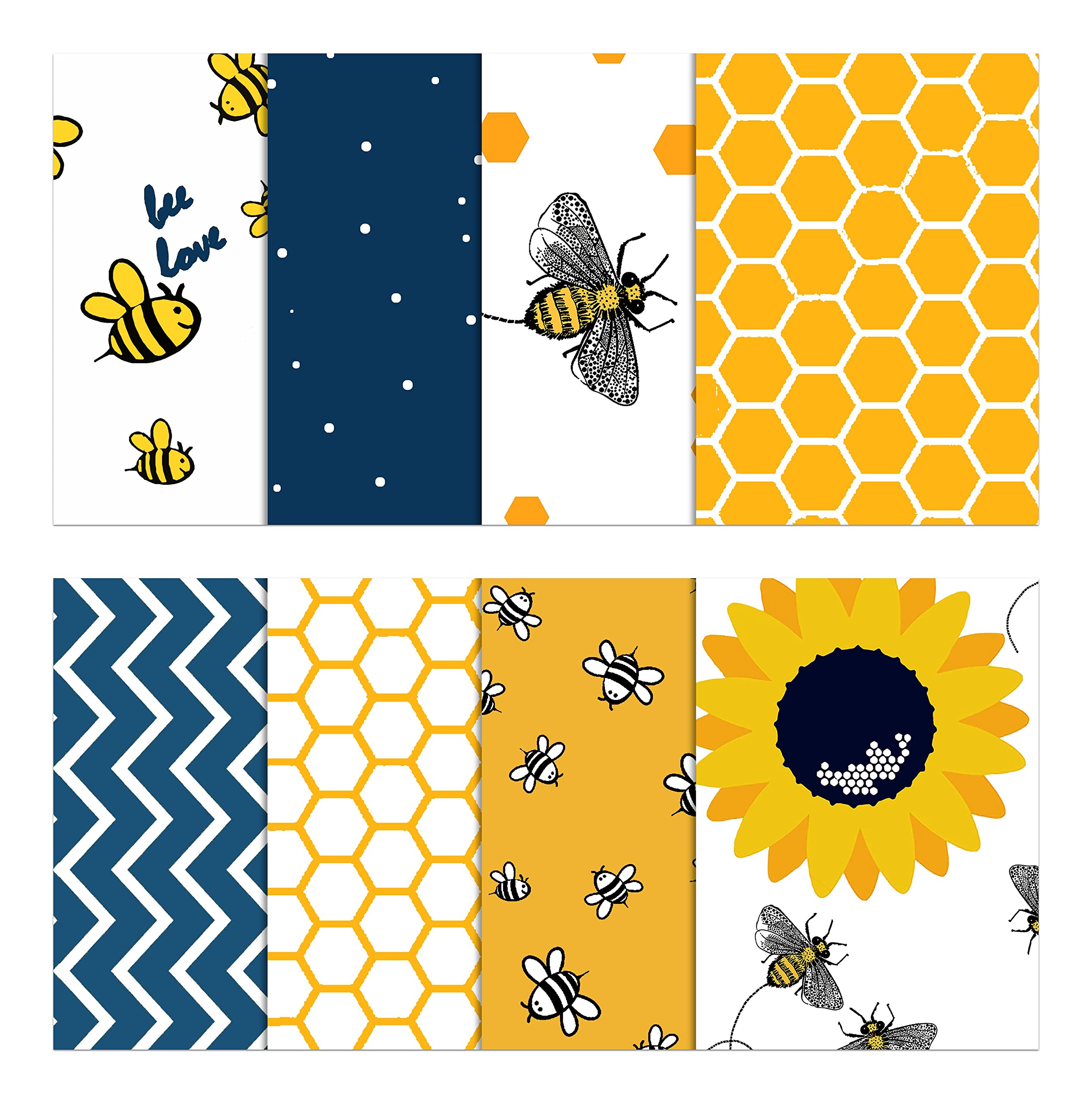 Soimoi 8 Pc Fat Quarter Bundle - Bee Print 18"x 22" DIY Patchwork- 100% Cotton Pre-Cut Quilting Fabric (Yellow & Blue)