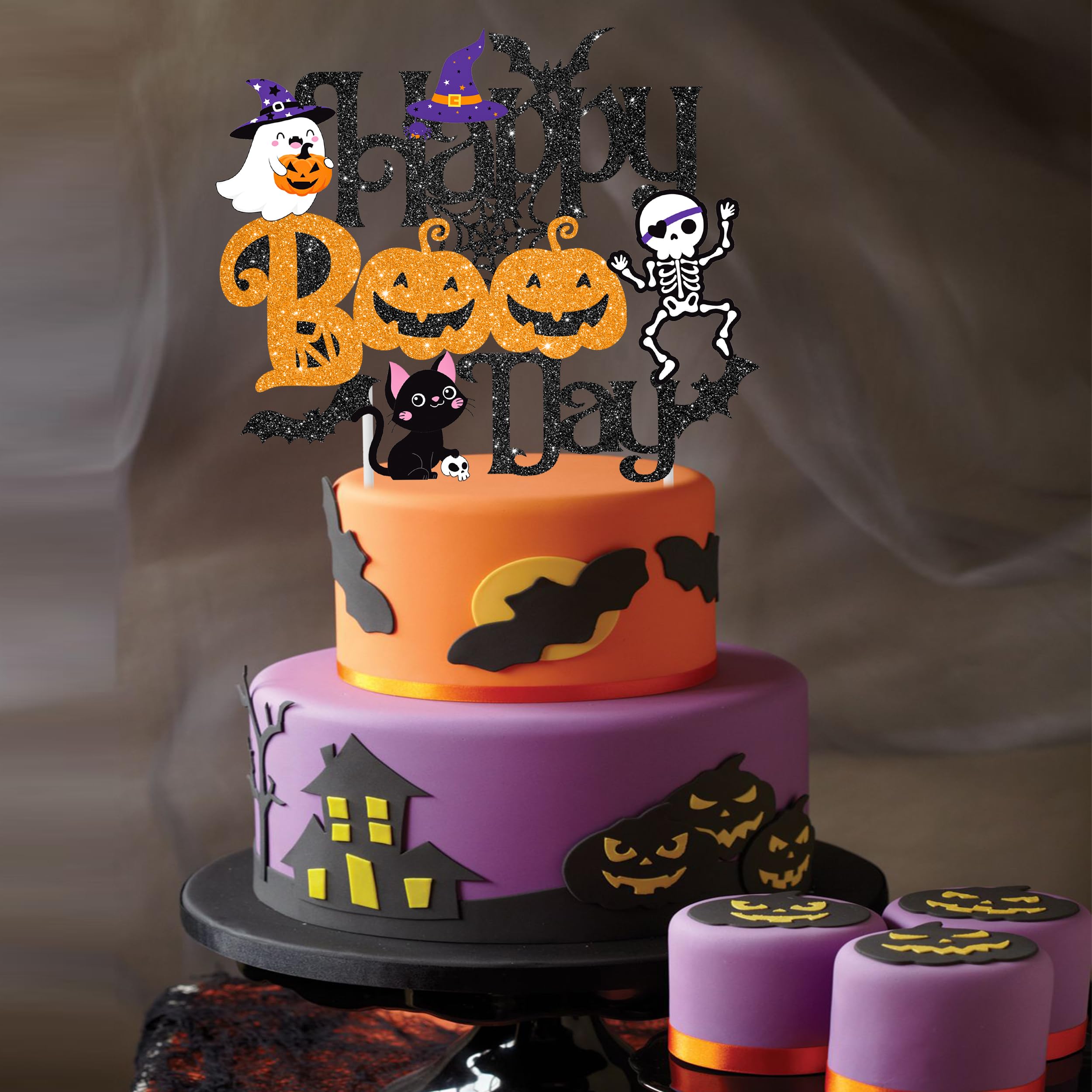 Halloween Happy Boo Day Cake Topper Glittery Halloween Little Boo Party Cake Topper Halloween Baby Shower Decoration for Spooky House Ghost Bat Pumpkin Theme Birthday Party Baby Shower Supplies