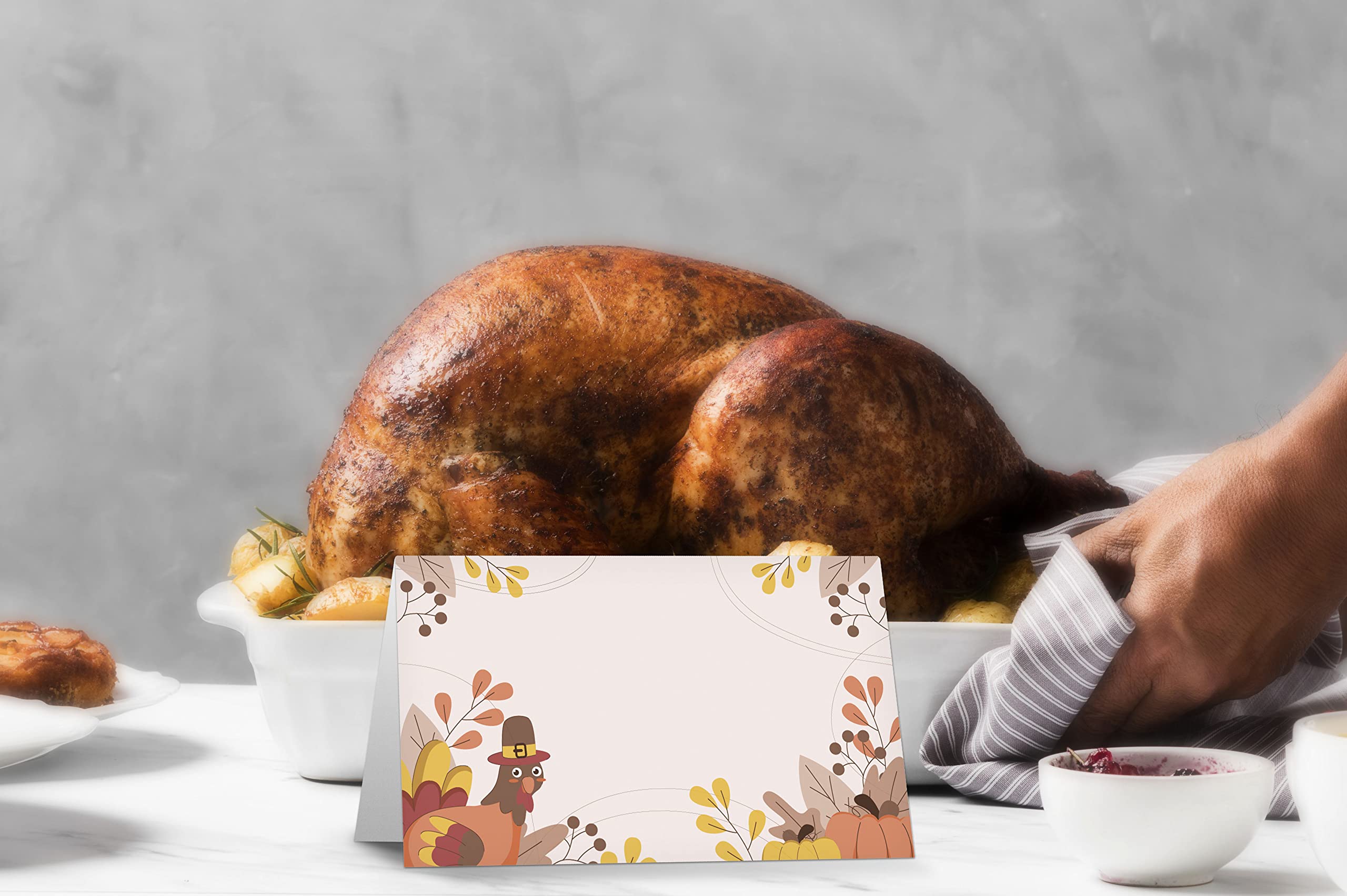 Table Place Card, Fall Thanksgiving Themed Tent Style Cards, Pack of 25 Half-Fold Reception Place Card with Turkey, Perfect for Thanksgiving Dinner, Party, Birthday, Wedding, Banquet A12