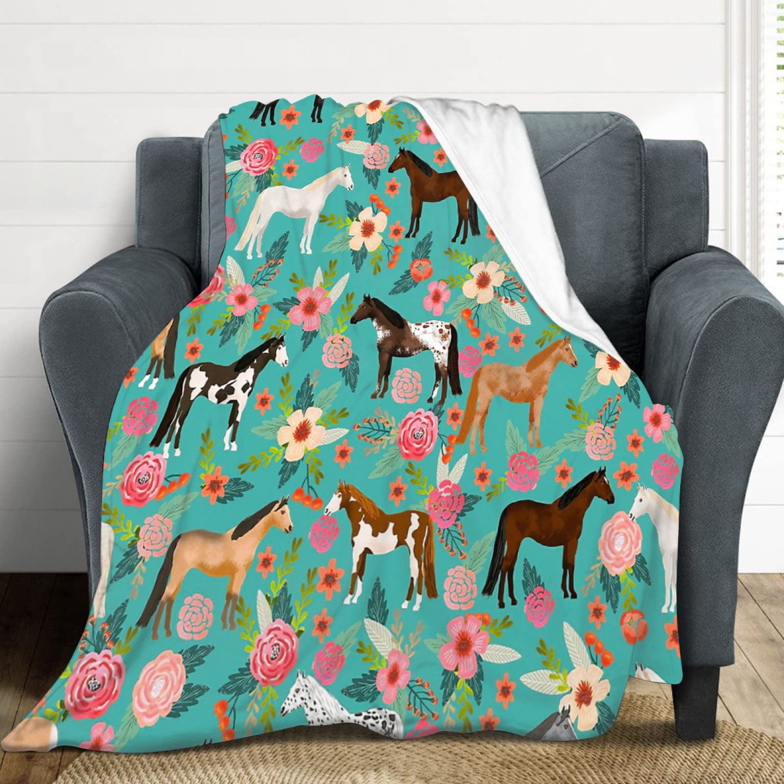 Horse Print Throw Blanket Horses and Flowers Pattern Blanket for Girls Kids Adults Super Warm Soft Cozy Plush Fleece Flannel Blanket for Sofa Couch Bed Birthday Gifts 40"x50" 1