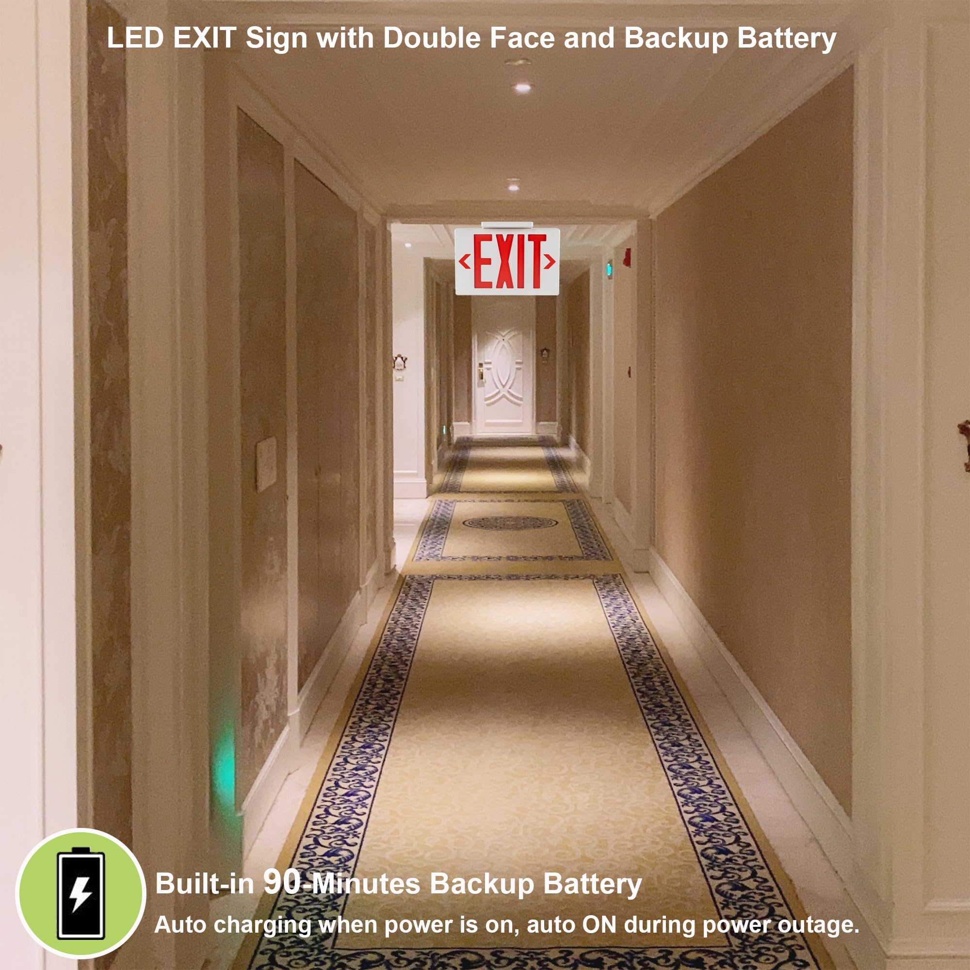 GRUENLICH LED EXIT Sign, Emergency Light with Double Face and Back Up Batteries- US Standard Red Letter EXIT, UL 924 Qualified, 120-277 Voltage, 1-Pack