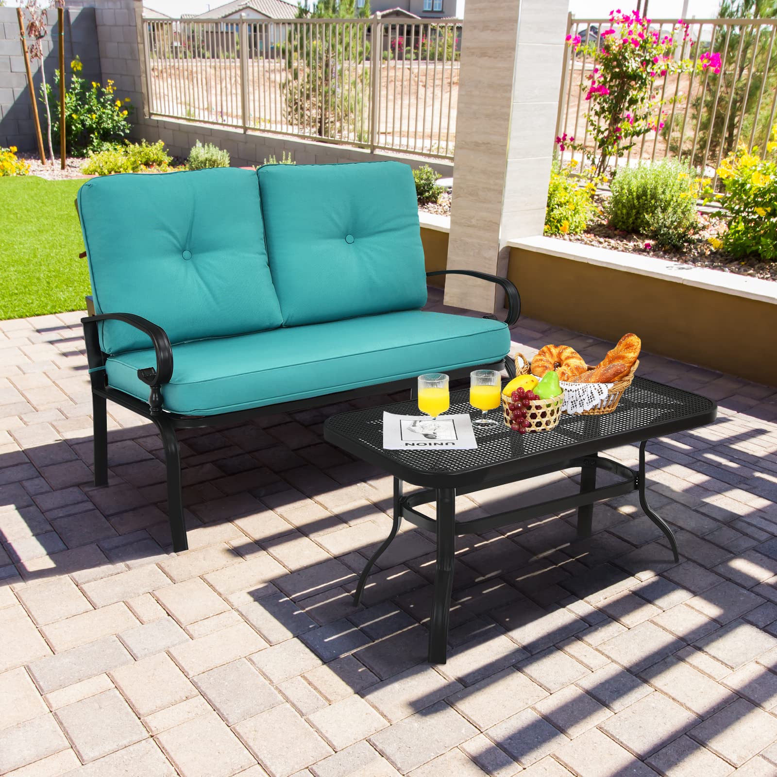 Giantex Patio Loveseat with Coffee Table Outdoor Bench with Cushion and Metal Frame, Loveseat Porch Furniture Set Sofa for Garden, Yard, Patio or Poolside