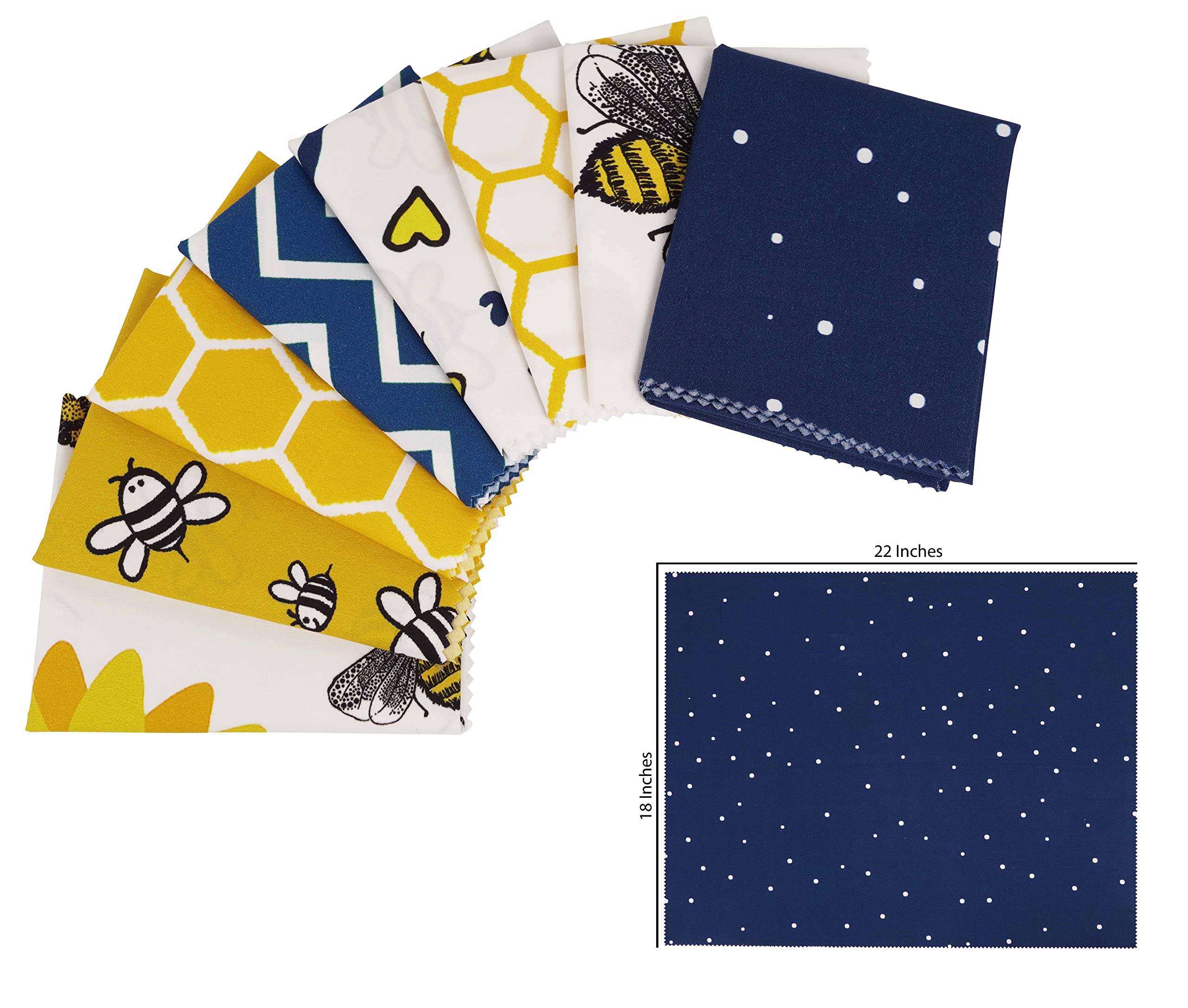 Soimoi 8 Pc Fat Quarter Bundle - Bee Print 18"x 22" DIY Patchwork- 100% Cotton Pre-Cut Quilting Fabric (Yellow & Blue)