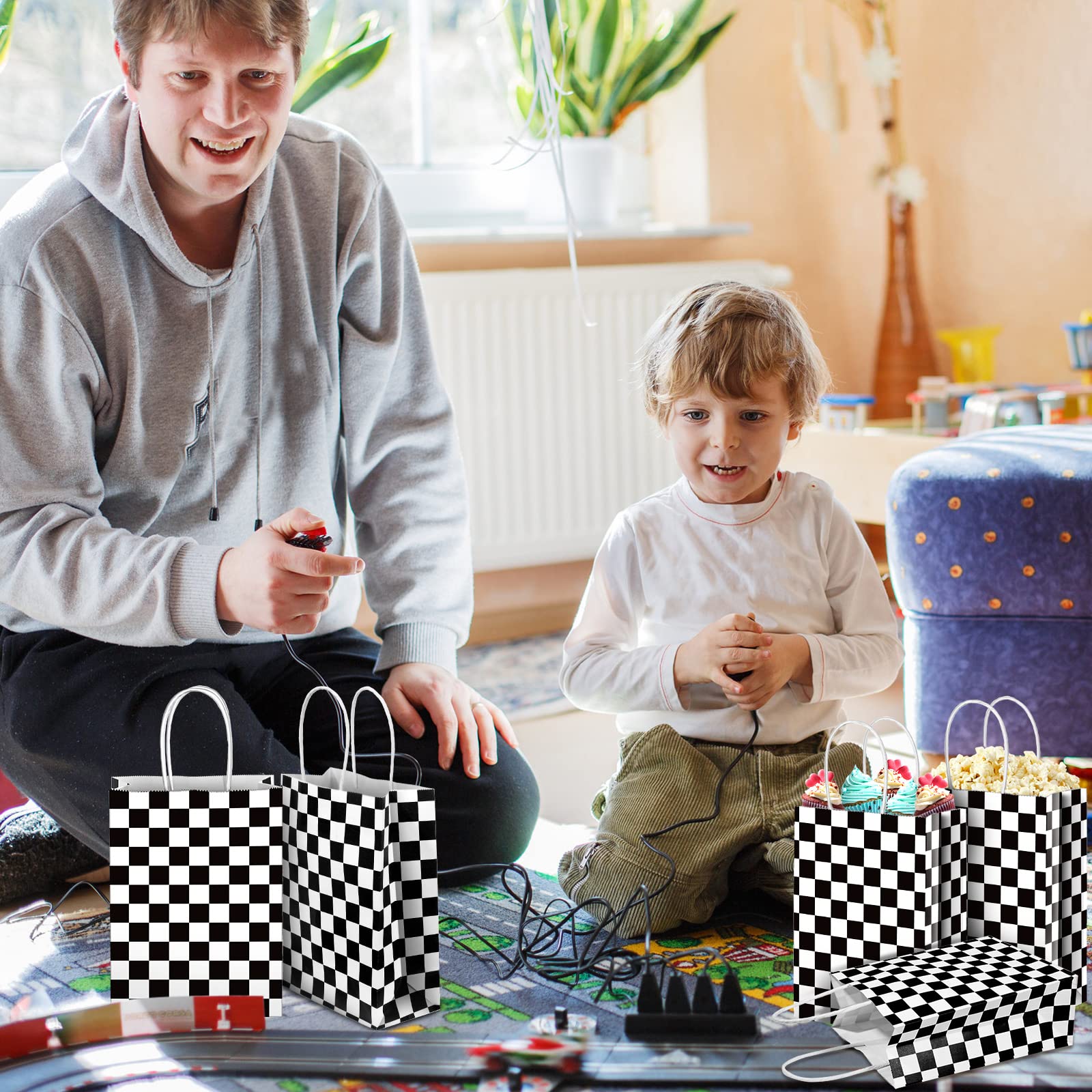 Epakh 16 Pcs Checkered Racing Treat Bags Race Car Party Favors Bag with Handles Black and White Checkered Racing Flag Candy Bags Goodie Bags for Race Car Themed Birthday Party Supplies