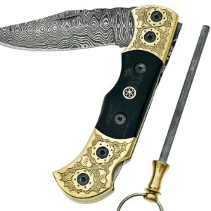 Damascus Steel Blade Folding Pocket Hunting Lock Knife With Real Leather Sheath For Camping Fishing Outdoor. SM106