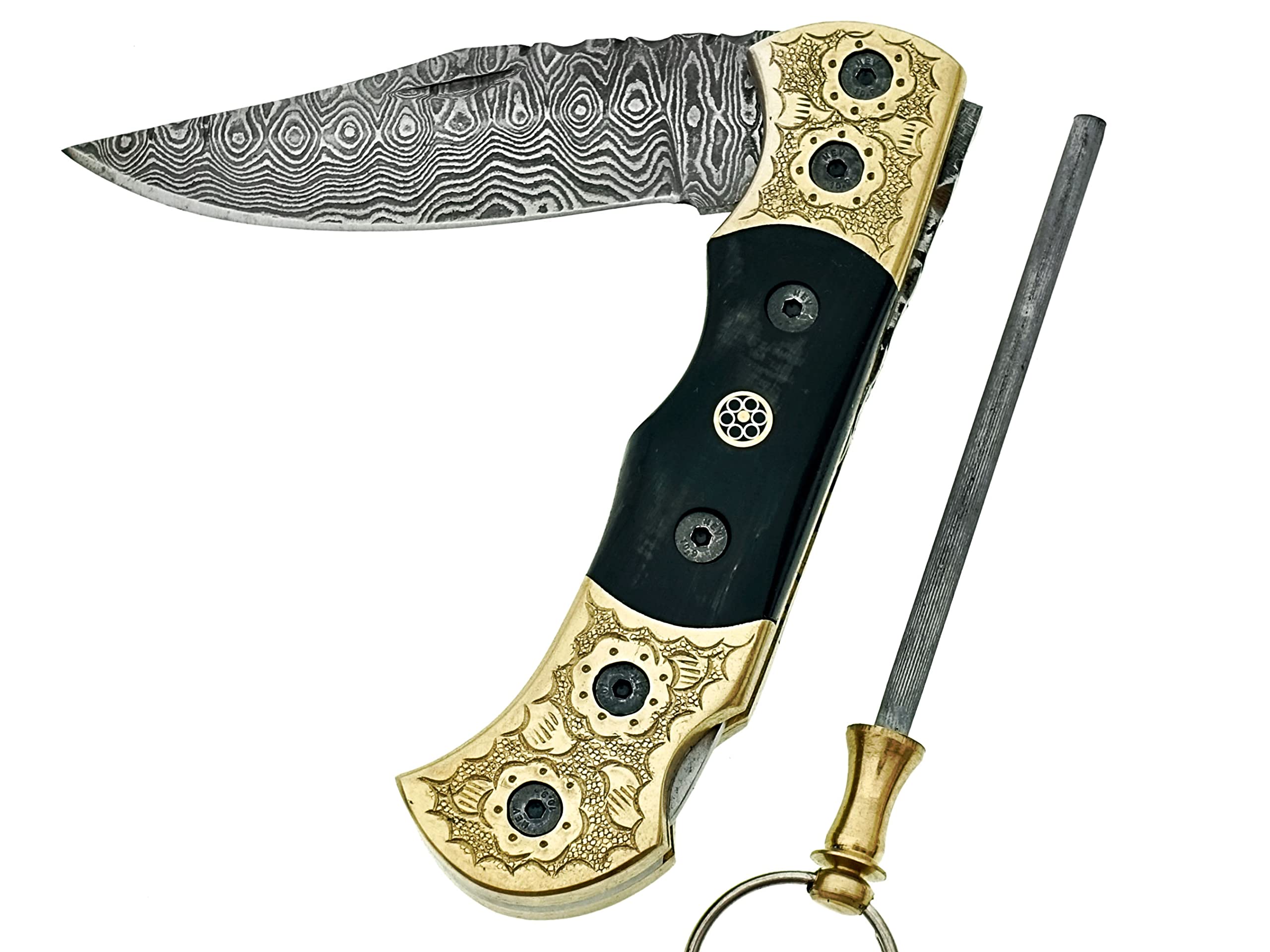 Damascus Steel Blade Folding Pocket Hunting Lock Knife With Real Leather Sheath For Camping Fishing Outdoor. SM106