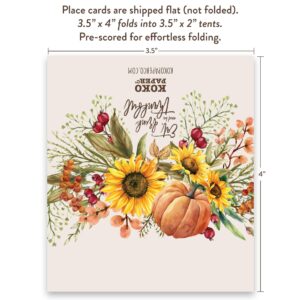 Koko Paper Co Thanksgiving Place Cards with Pumpkin and Sunflowers (50 Count) | 50 Tent Style Dinner Setting Name Cards | Designed and Made in the U.S.A.