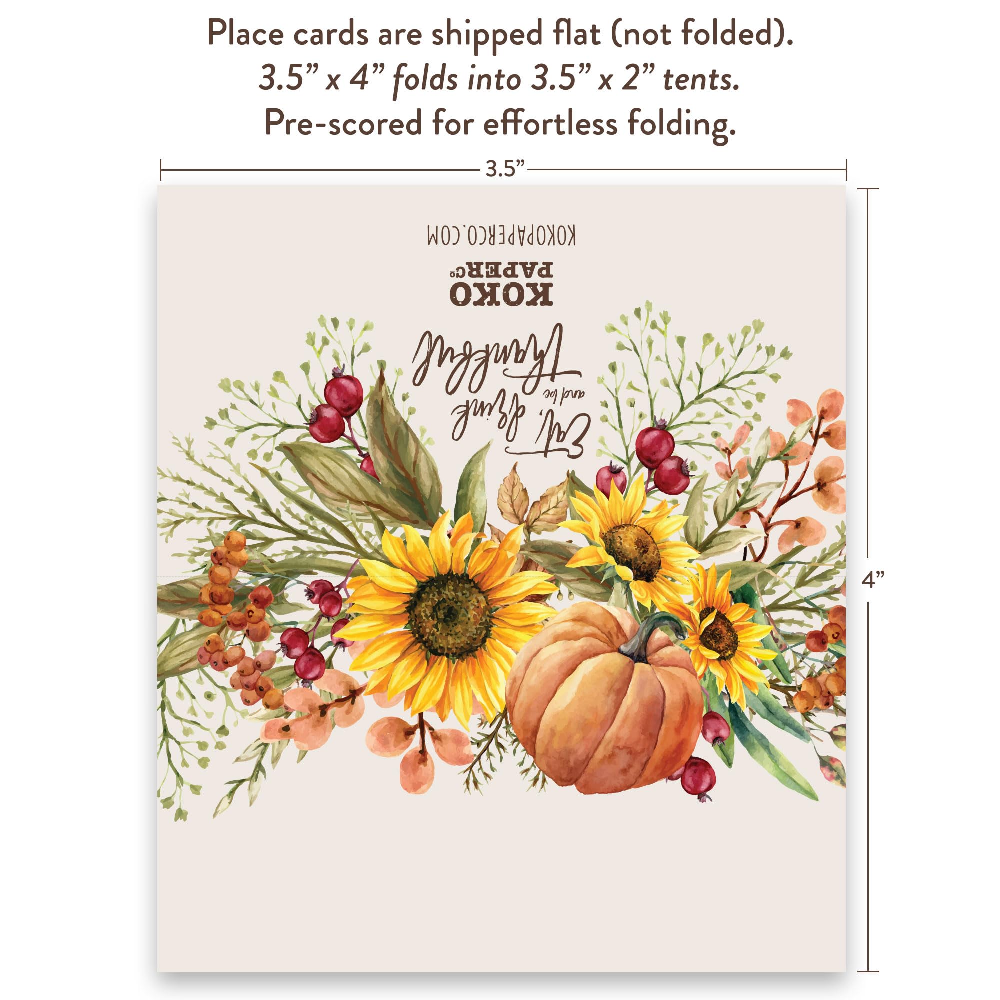 Koko Paper Co Thanksgiving Place Cards with Pumpkin and Sunflowers (50 Count) | 50 Tent Style Dinner Setting Name Cards | Designed and Made in the U.S.A.