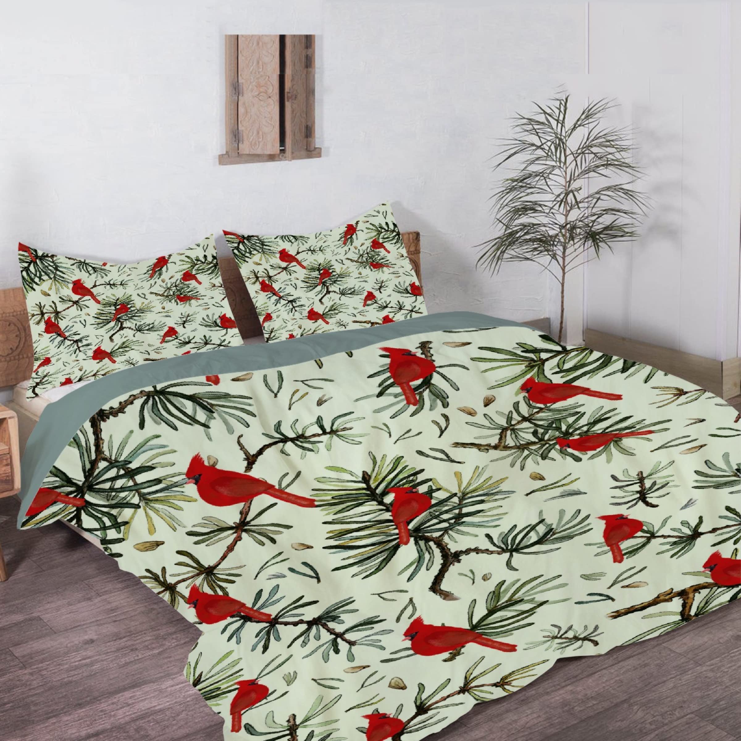 Darani Christmas Cardinals Birds Duvet Cover Queen 90 x 90 in Ultra Soft Washed Microfiber Comforter Cover Sets 3 Pieces (1 Duvet Cover + 2 Pillow Shams)