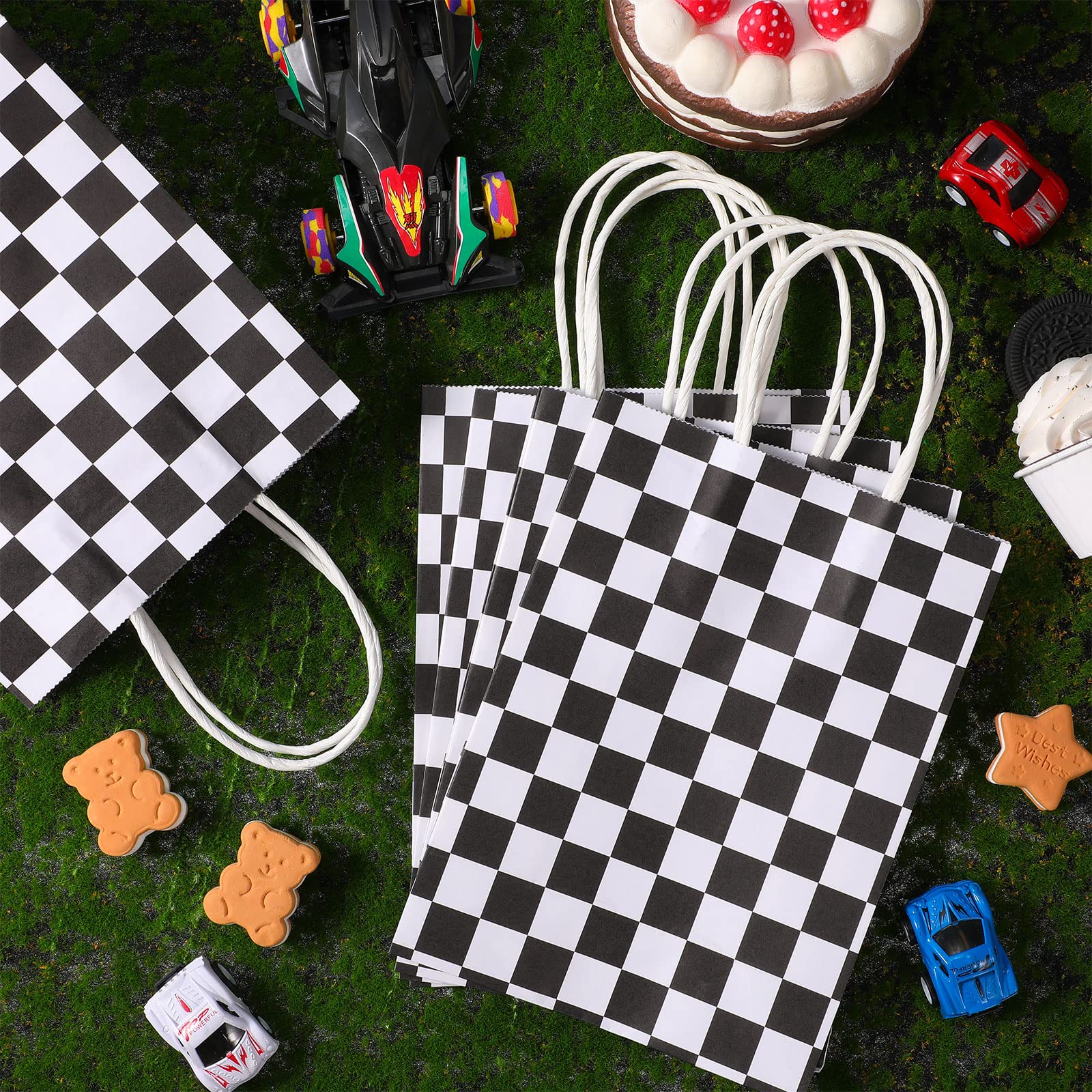 Epakh 16 Pcs Checkered Racing Treat Bags Race Car Party Favors Bag with Handles Black and White Checkered Racing Flag Candy Bags Goodie Bags for Race Car Themed Birthday Party Supplies