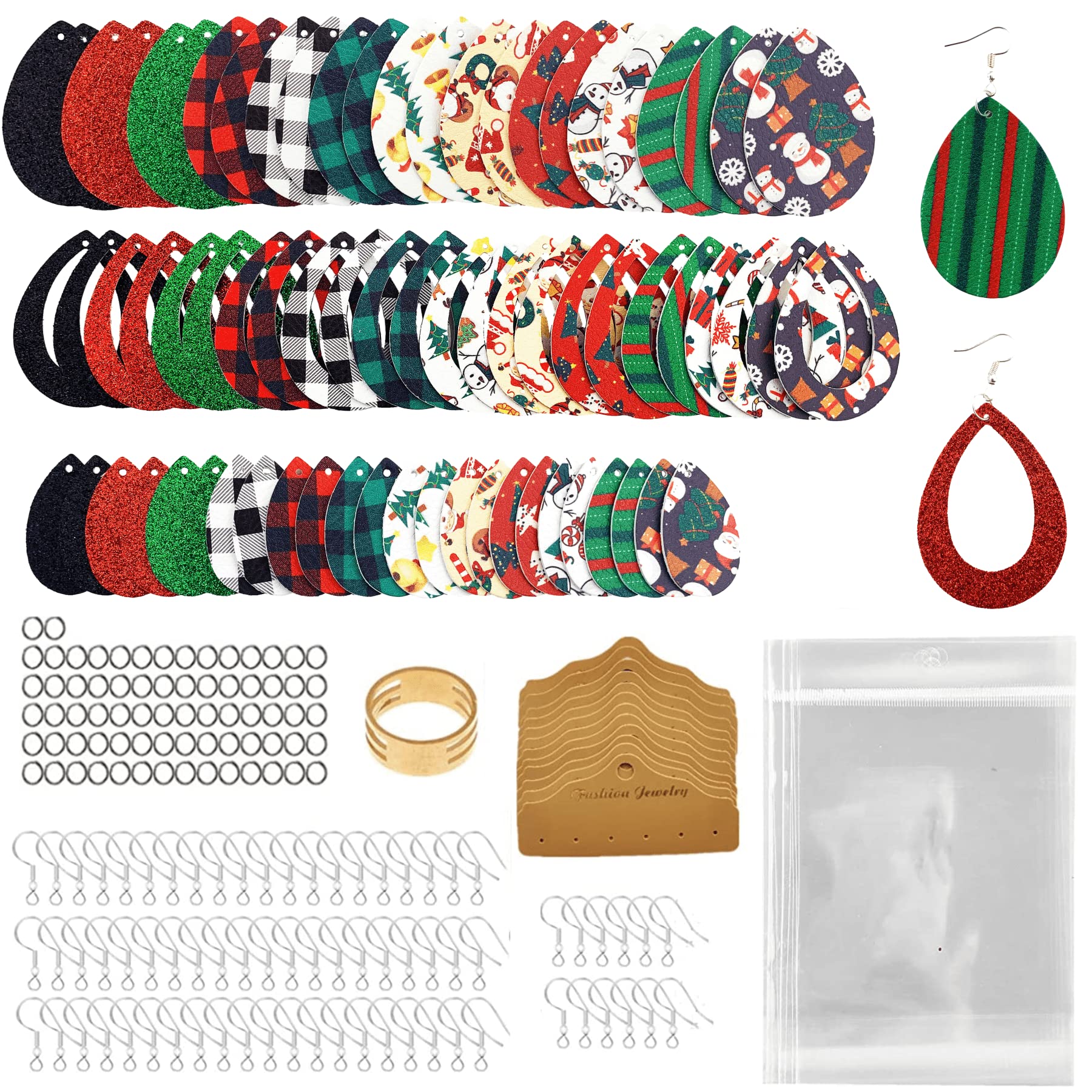 AOUXSEEM 241 Pcs Christmas Faux Leather Earrings Making Kit for Beginner, Contains 72 Pre Cut Hollow Teardrop Earring Pieces with Hooks Jump Rings Opener Earring Display Cards and Self-Adhesive Bags