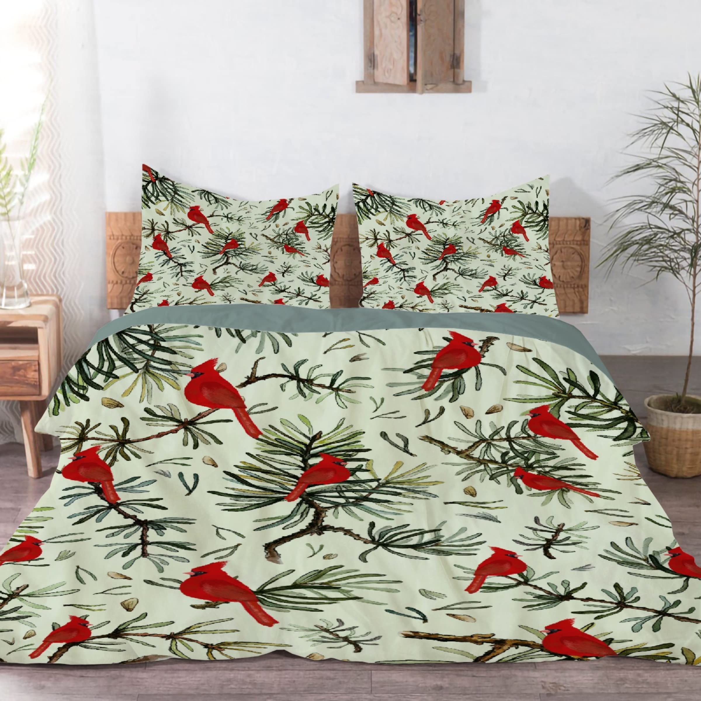 Darani Christmas Cardinals Birds Duvet Cover Queen 90 x 90 in Ultra Soft Washed Microfiber Comforter Cover Sets 3 Pieces (1 Duvet Cover + 2 Pillow Shams)