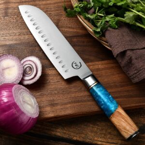 Fukep Santoku Knife Kitchen Knife Ultra Sharp Santoku Knife 7 Inch - High Carbon Stainless Steel - Ergonomic Resin Handle, Best Choice for Home Kitchen Chef Knife, Blue