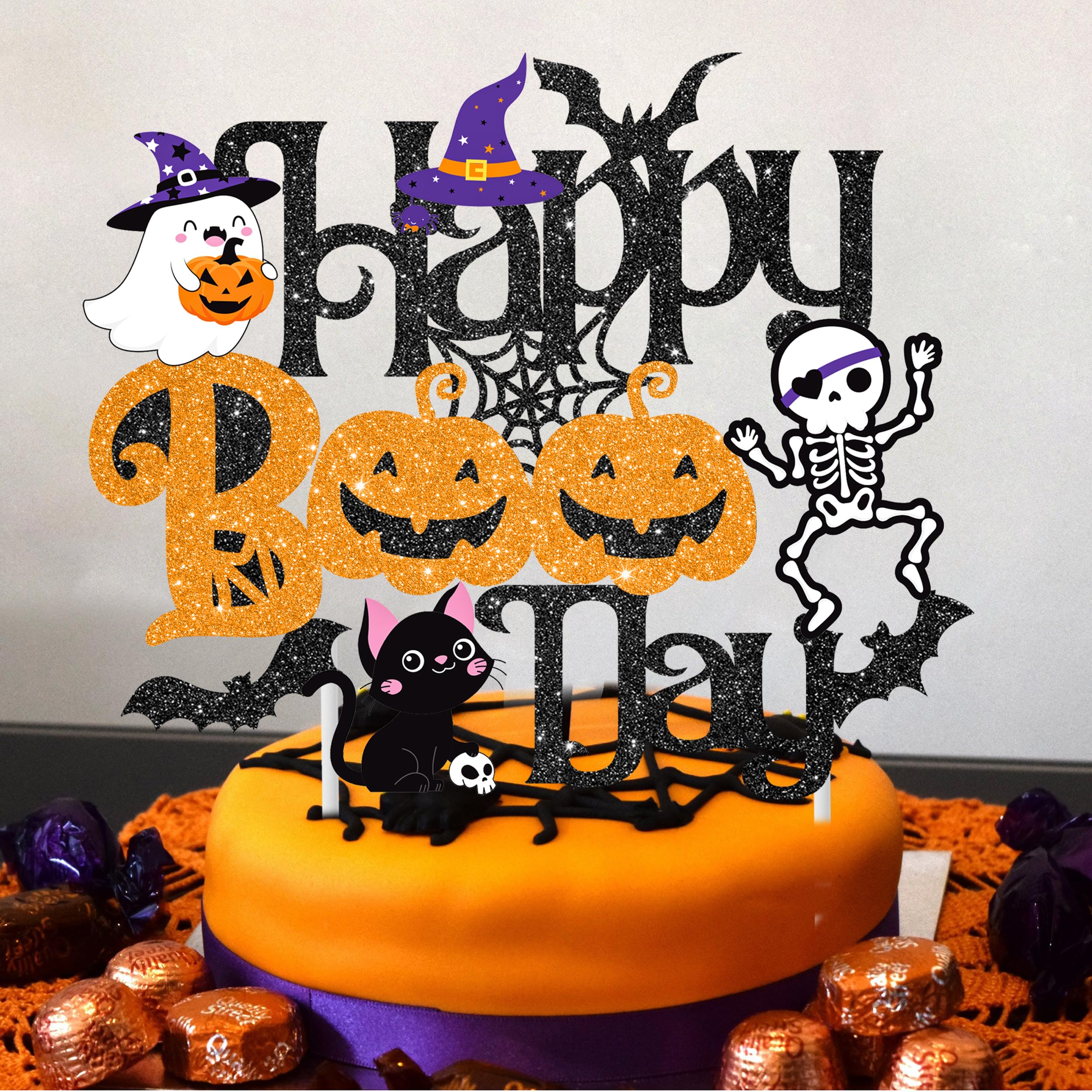 Halloween Happy Boo Day Cake Topper Glittery Halloween Little Boo Party Cake Topper Halloween Baby Shower Decoration for Spooky House Ghost Bat Pumpkin Theme Birthday Party Baby Shower Supplies