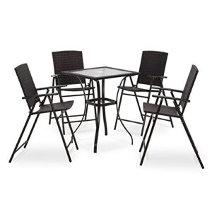 mcombo patio dining set 5 pieces, black outdoor dining table and folding chairs, metal frame patio wicker furniture set with square glass table top, for lawn, deck, garden