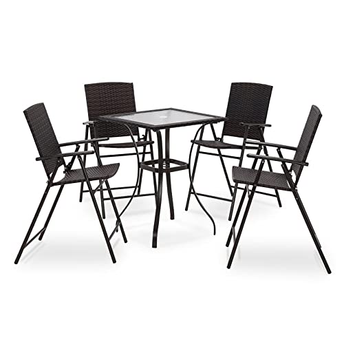 MCombo Patio Dining Set 5 Pieces, Black Outdoor Dining Table and Folding Chairs, Metal Frame Patio Wicker Furniture Set with Square Glass Table Top, for Lawn, Deck, Garden