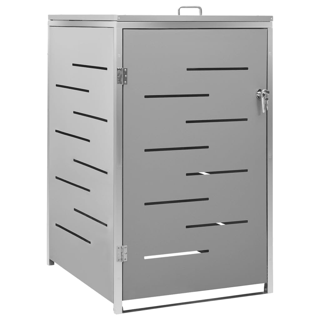 vidaXL Stainless Steel Frame Single Wheelie Bin Shed with Galvanized Steel Panels - Rust-Resistant, Lockable and Air-Circulating Design, Convenient Lid & Springs, Gray