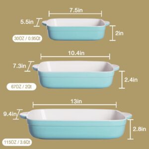 Sweejar Casserole Dishes for Oven, Ceramic Bakeware Set of 3, Lasagna Pan Deep with Handle, Rectangular Baking Pan Set, 9x13 Baking Dish for Cooking, Banquet and Daily Use (Jade)