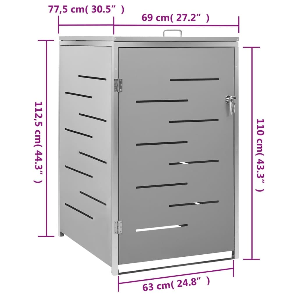 vidaXL Stainless Steel Frame Single Wheelie Bin Shed with Galvanized Steel Panels - Rust-Resistant, Lockable and Air-Circulating Design, Convenient Lid & Springs, Gray