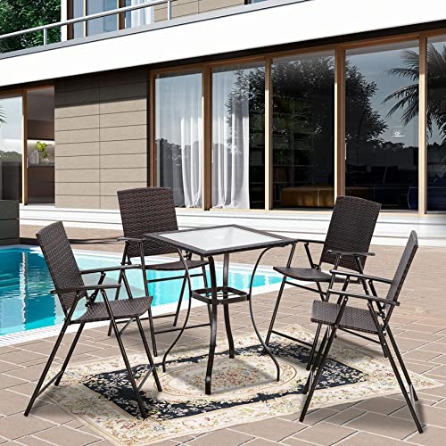 MCombo Patio Dining Set 5 Pieces, Black Outdoor Dining Table and Folding Chairs, Metal Frame Patio Wicker Furniture Set with Square Glass Table Top, for Lawn, Deck, Garden