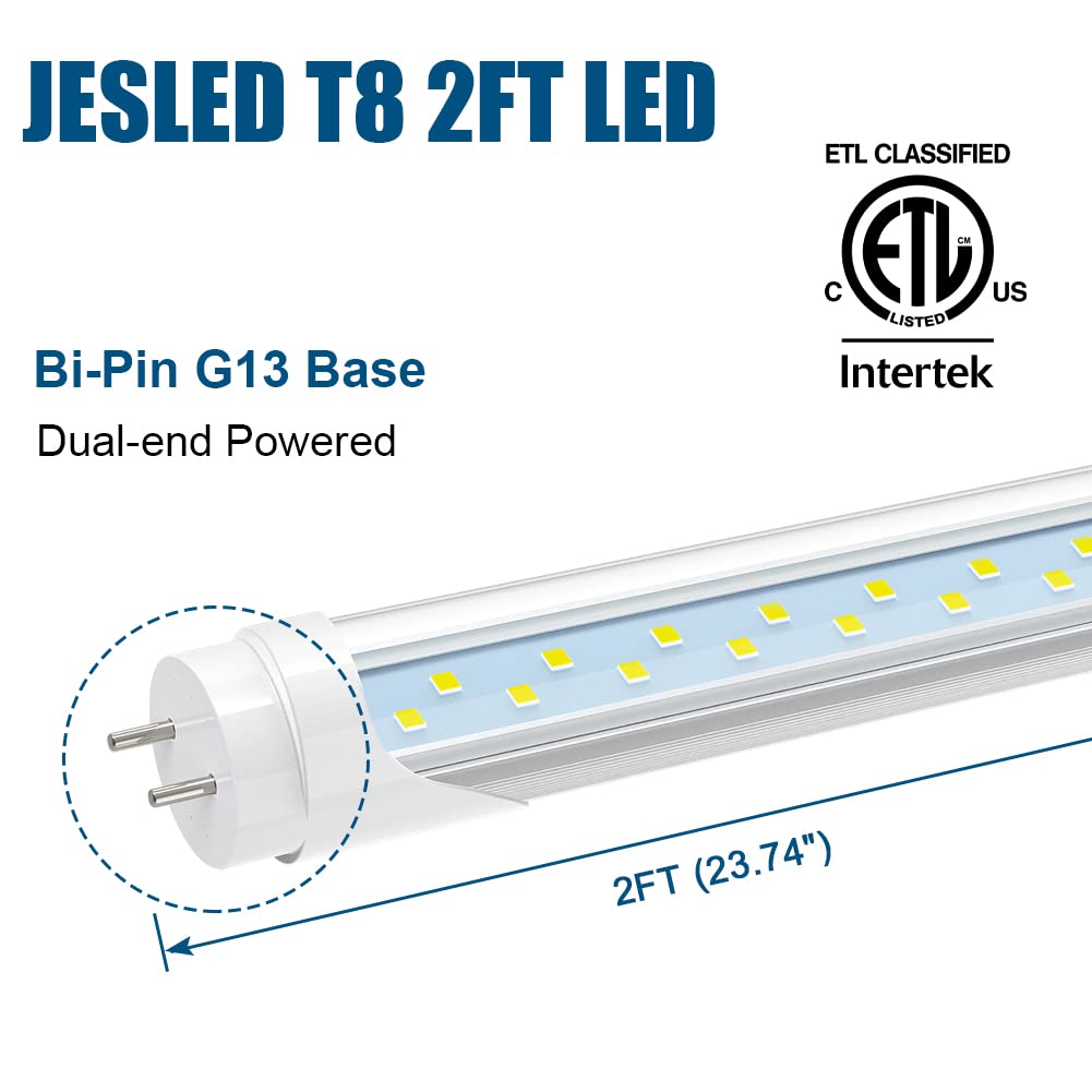 JESLED 2FT T8 LED Type A+B Tube Light, 12W(30W Equivalent), 1680LM, 6000K, Plug and Play or Ballast Bypass, 24 Inch F20T12 Fluorescent Bulb Replacement, Dual Ended, 24” Lighting Tube Fixture (4-Pack)