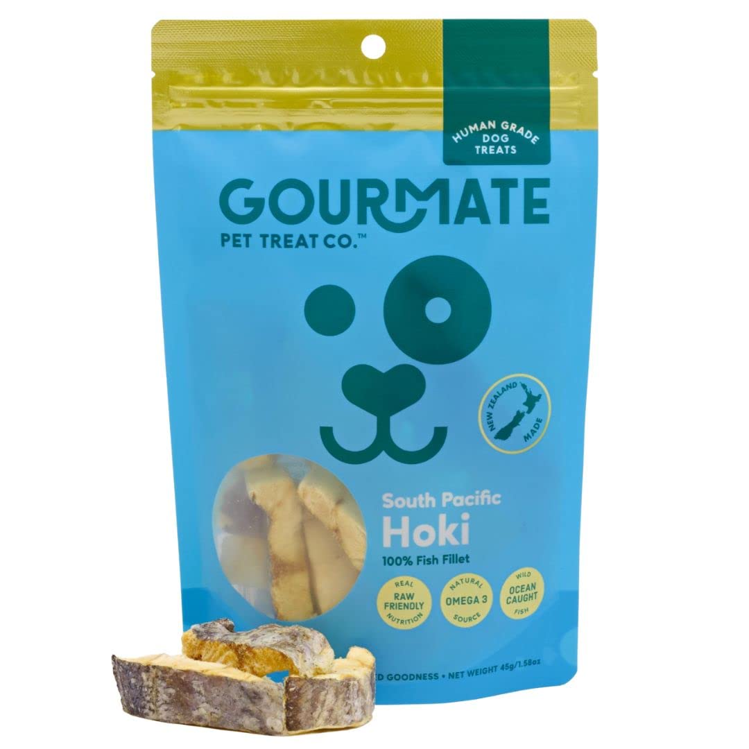 Gourmate Pet Treat Co. South Pacific Hoki - Human Grade Dog Treats - 100% Natural, Freeze Dried Whitefish Snack with Omega-3 and Marine Collagen - 45g/1.58oz