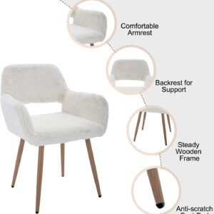 Modern Faux Fur Home Office Chair, Fluffy Chair Makeup Vanity Chair for Girl Teen Girls, Desk Chair with Armrest, Dining Chair Cute Armchair with Wood Finish Metal Legs, White