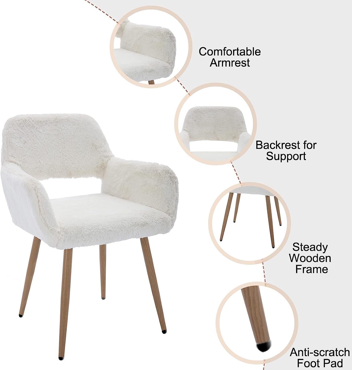 Modern Faux Fur Home Office Chair, Fluffy Chair Makeup Vanity Chair for Girl Teen Girls, Desk Chair with Armrest, Dining Chair Cute Armchair with Wood Finish Metal Legs, White