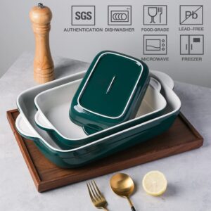 Sweejar Casserole Dishes for Oven, Ceramic Bakeware Set of 3, Lasagna Pan Deep with Handle, Rectangular Baking Pan Set, 9x13 Baking Dish for Cooking, Banquet and Daily Use (Jade)