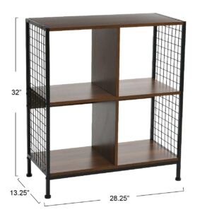 Household Essentials Trellis Open Storage Bookshelf with 4 Cube Compartments Mid Century Walnut Wood Grain and Black Metal