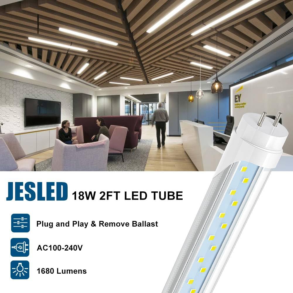 JESLED 2FT T8 LED Type A+B Tube Light, 12W(30W Equivalent), 1680LM, 6000K, Plug and Play or Ballast Bypass, 24 Inch F20T12 Fluorescent Bulb Replacement, Dual Ended, 24” Lighting Tube Fixture (4-Pack)